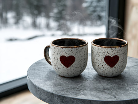 Two steaming mugs with heart designs sit on a table in a cozy winter setting.の素材