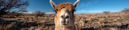 Close up of a vicuÃ±a in the mountains.の素材
