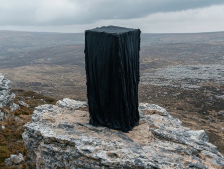 Monolith covered in black fabric on a rocky landscape.の素材