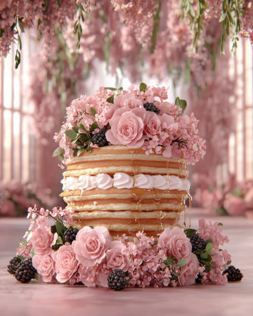 A stack of pancakes decorated with pink roses and blackberries drizzled with honey.の素材