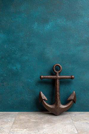 A bronze anchor against a textured blue wall.の素材