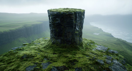 A dramatic landscape featuring a large rock formation covered in green moss.の素材