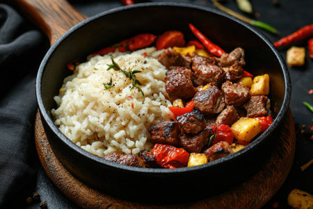 A bowl of rice and beef stir-fry.の素材