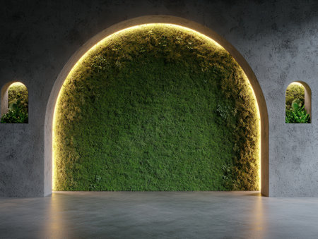 Modern interior with moss wall and arched doorway.の素材