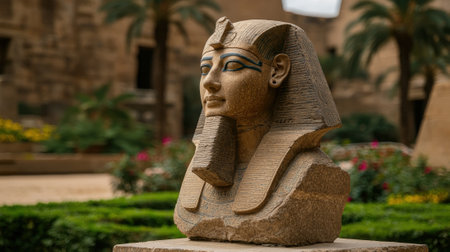 Ancient Egyptian pharaoh statue in a garden setting.の素材