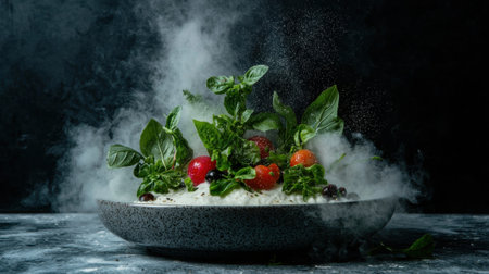 A bowl of fresh salad with basil, tomatoes, and berries surrounded by smoke.の素材