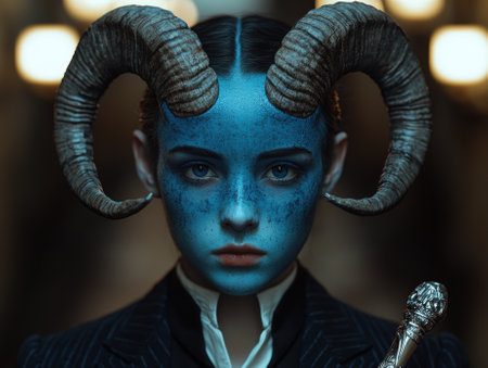 Portrait of a blue-skinned woman with ram horns.の素材