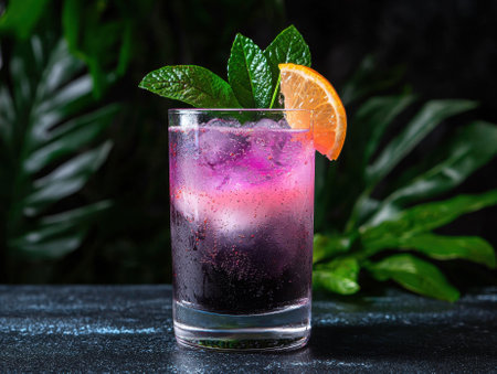 A refreshing purple cocktail with ice and an orange slice garnish.の素材
