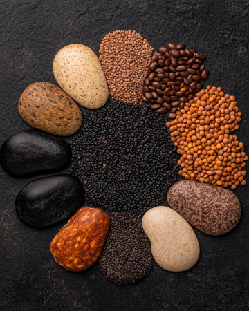 A colorful variety of lentils and beans arranged in a circle.の素材