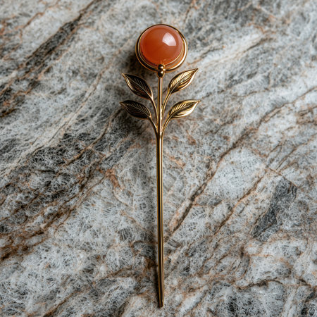 Elegant gold flower hair stick with orange stone on marble background.の素材