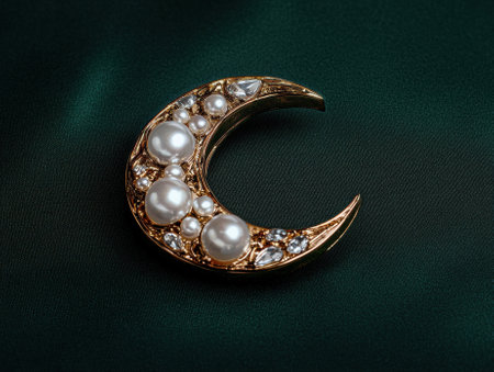 Crescent moon brooch with pearls and crystals on dark green fabric.の素材