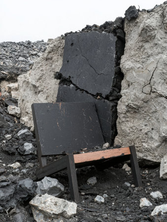A broken chair sits amongst rubble and debris.の素材