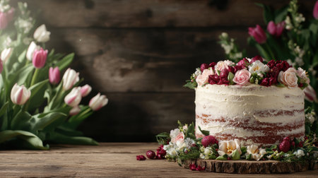 A beautiful cake decorated with flowers on a wooden table.の素材