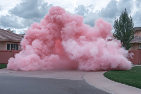 Pink smoke cloud billowing in a suburban street.の素材