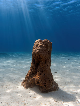 Underwater rock formation with sun rays shining through the water.の素材