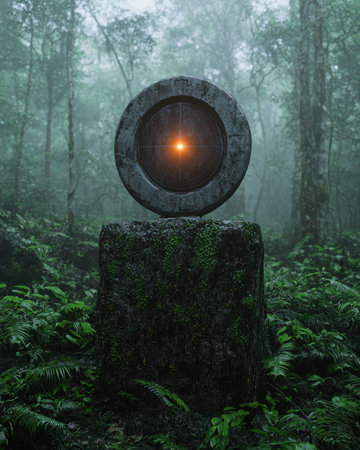Mysterious stone circle with glowing center in a misty forest.の素材