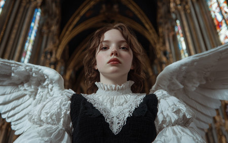 A young woman with angel wings stands in a cathedral.の素材