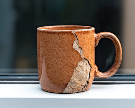 A cracked brown ceramic mug sits on a windowsill.の素材