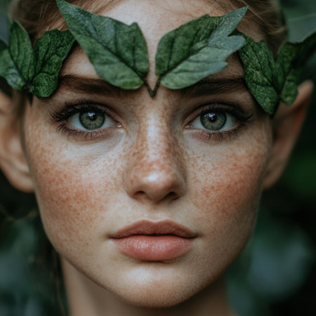 Portrait of a beautiful woman with freckles and a leaf crown.の素材
