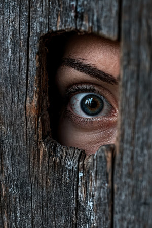 An eye peers through a hole in a wooden wall.の素材