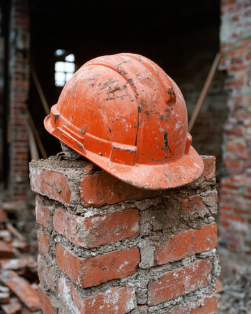 An orange hard hat sits atop a brick column at a construction site.の素材