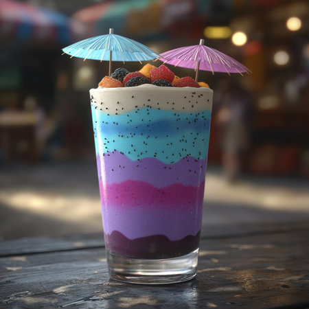 Colorful layered smoothie topped with fruit and miniature umbrellas.の素材
