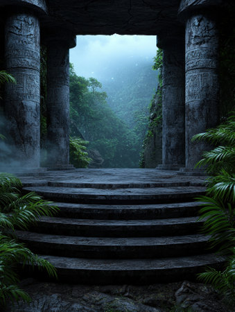 Ancient temple ruins in a jungle landscape.の素材