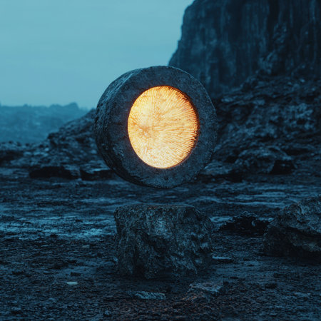 Abstract glowing orb hovering over a rock in a desolate landscape.の素材