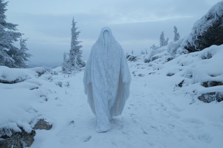A ghostly figure walks through a snowy landscape.の素材