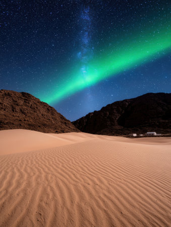 Aurora borealis over a desert landscape at night.の素材