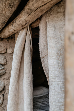 Rustic interior with linen curtains in a cozy cabin.の素材