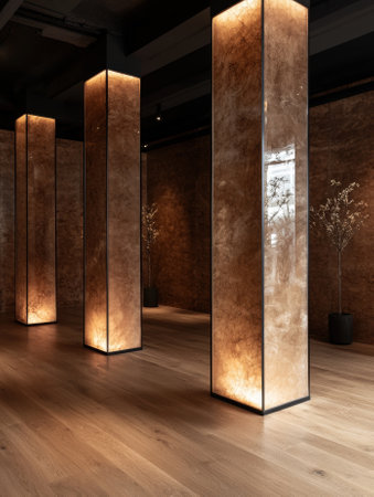 Illuminated pillars in a modern interior design.の素材
