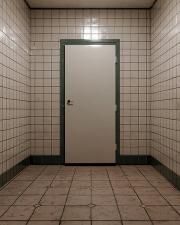 A closed door in a tiled room.の素材