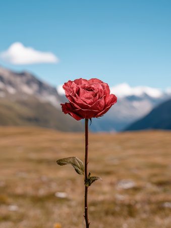 A single red rose in a field with mountains in the background.の素材