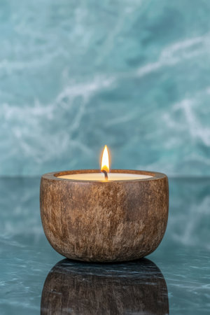 A lit candle in a wooden bowl on a reflective surface.の素材
