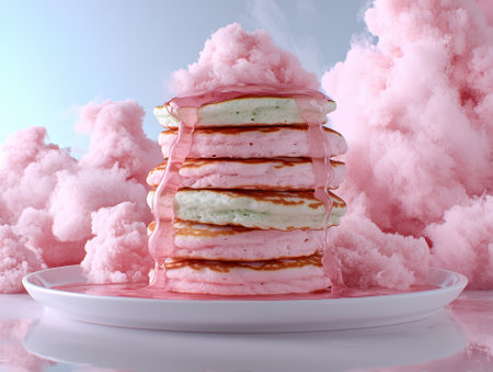 Stack of pink pancakes with syrup and cotton candy.の素材