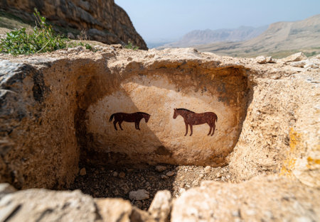 Ancient cave paintings of horses on a rock wall.の素材