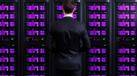 A man in a suit stands in front of a server room.の素材