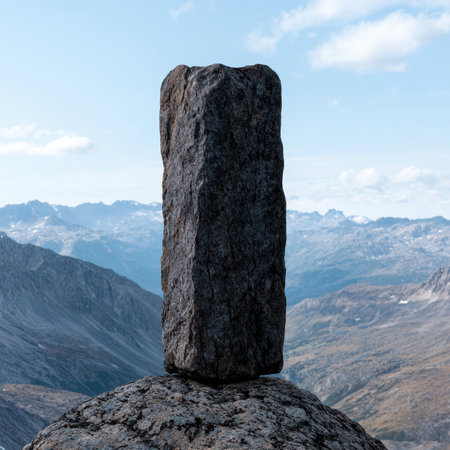 Balanced rock formation in a mountain landscape.の素材