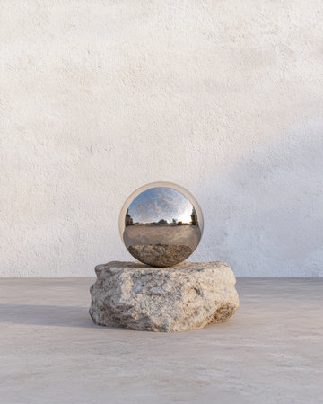 A reflective sphere sits atop a rock against a textured wall.の素材