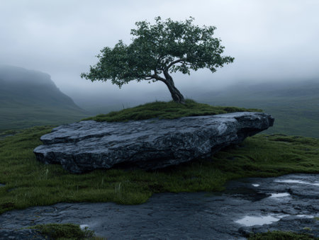 A lone tree grows on a rock in a misty landscape.の素材