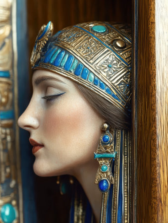 Elegant woman with Egyptian-style headdress and jewelry.の素材