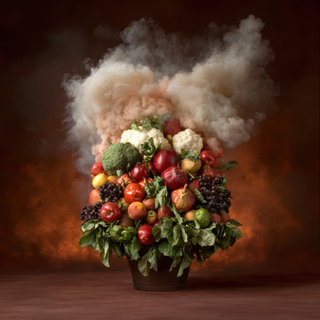 Abundance of fresh fruits and vegetables with smoke effect.の素材