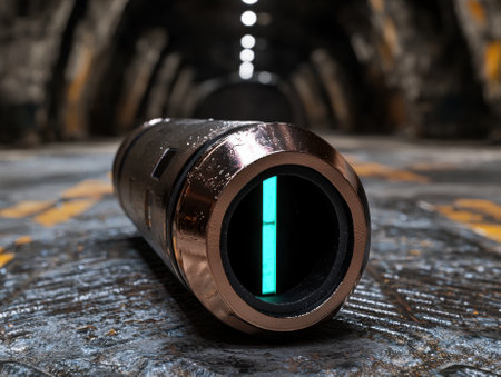 A futuristic device with a glowing blue light in a metallic tunnel.の素材
