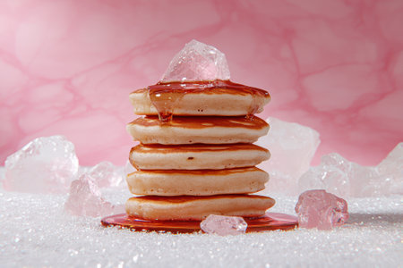A stack of pancakes with syrup and sugar crystals.の素材