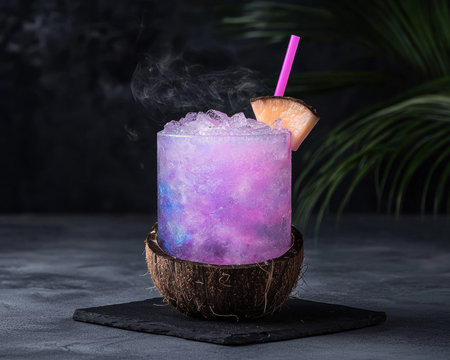 A vibrant purple cocktail served in a coconut shell with a pineapple garnish and pink straw.の素材
