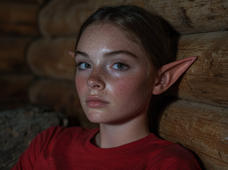 Young girl with elf ears in a rustic setting.の素材