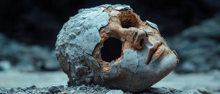 A broken stone face lies on the ground.の素材