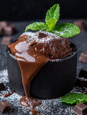 Delicious chocolate lava cake with mint and powdered sugar.の素材