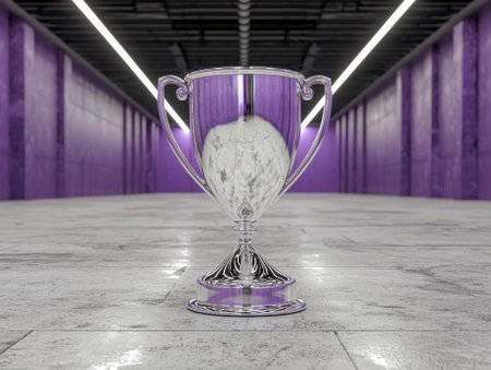 A trophy sits in a purple hallway.の素材